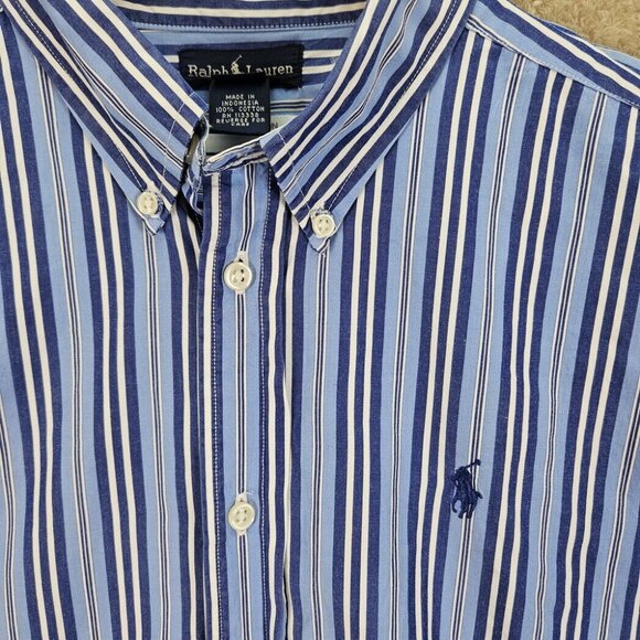 Ralph Lauren Navy Blue Button-Down Shirt Teen Size XL Striped Oxford Long Sleeve - Picture 3 of 10